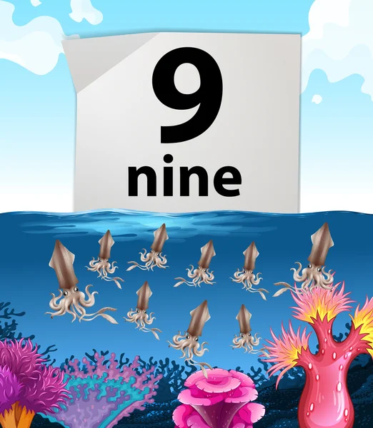 Número nueve y nueve calamares bajo el agua — Archivo Imágenes Vectoriales