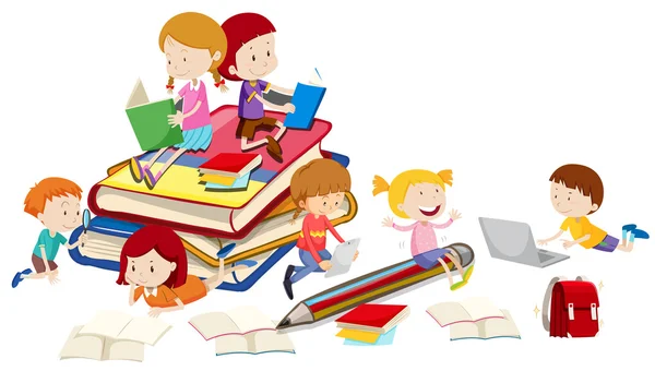 Kinderen samen met het lezen van boeken — Stockvector