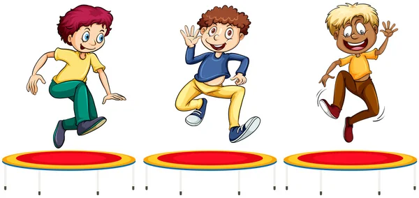 Chicos saltando en los trampolines — Vector de stock