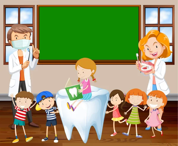 Οδοντίατροι διδασκαλία των παιδιών σχετικά με τον καθαρισμό των δοντιών — Διανυσματικό Αρχείο