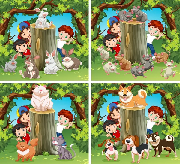 Children and wild animals in the forest — Stock Vector