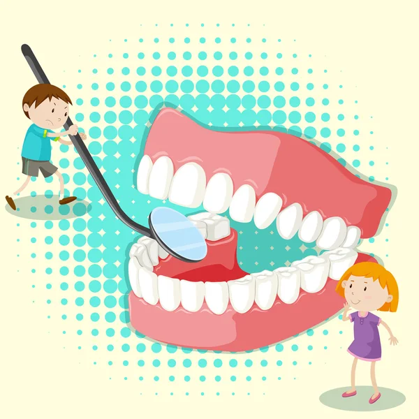 Niño y niña mirando los dientes limpios — Vector de stock