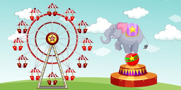 Elephant show and ferris wheel at the funpark — Stock Vector
