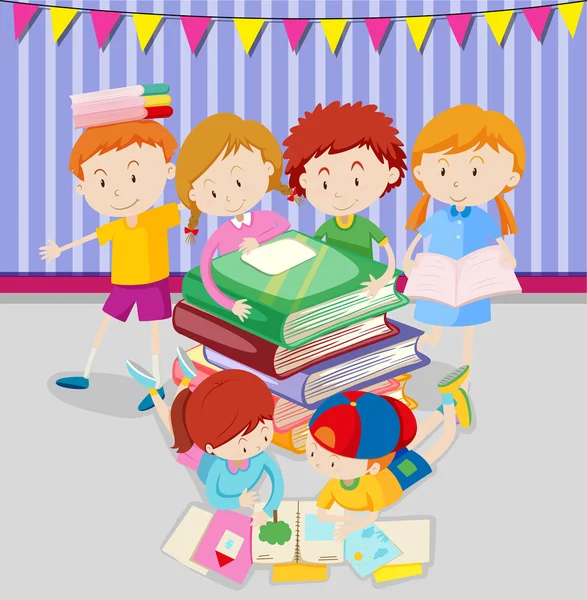 Niños y niñas leyendo libros en clase — Vector de stock