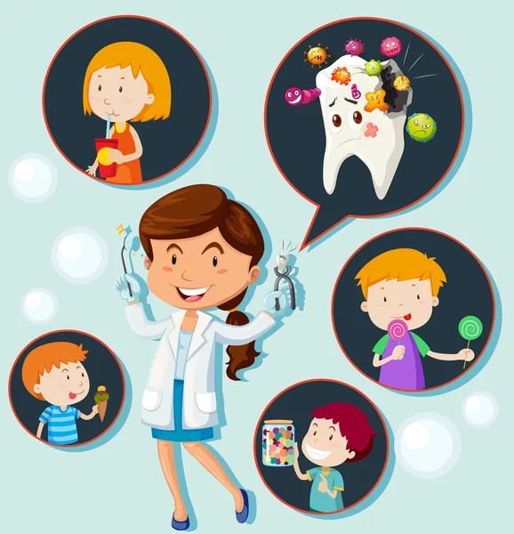 Dentista y hábito alimenticio de los niños — Vector de stock