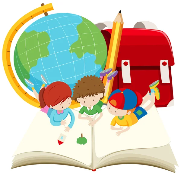 Enfants lisant un grand livre — Image vectorielle