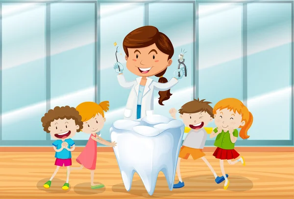 치과 의사와 행복 한 아이 들 — 스톡 벡터