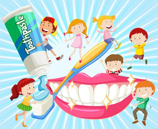 Dzieci, czyszczenie zębów z szczoteczka do zębów — Wektor stockowy