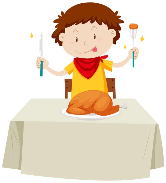 Niño comiendo pollo — Vector de stock