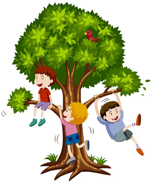 Tres chicos subiendo al árbol — Vector de stock