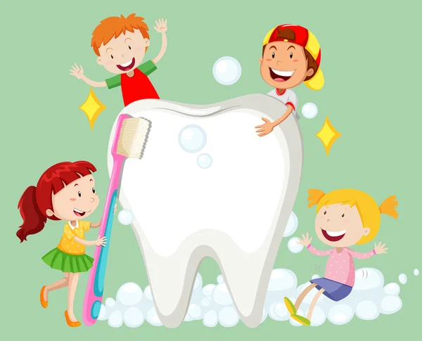 Children cleaning tooth with toothbrush — Stock Vector