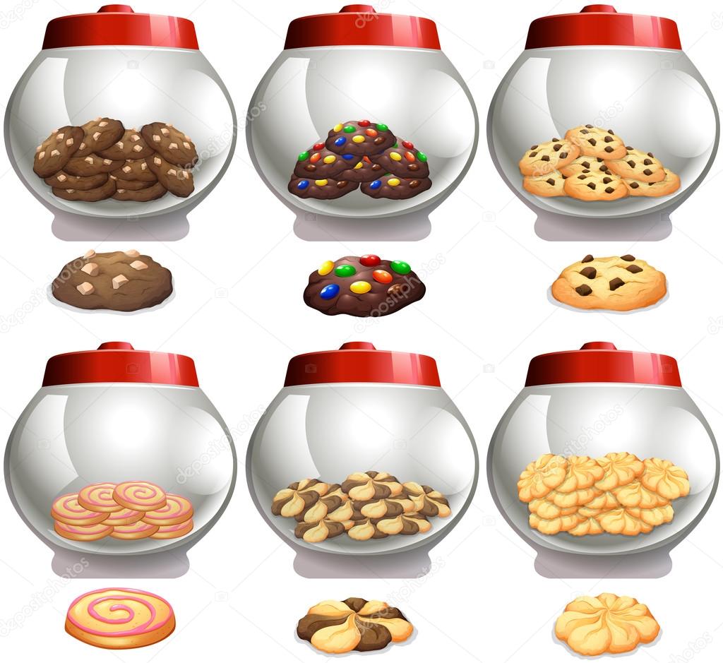Six cookies jars with many flavor cookies