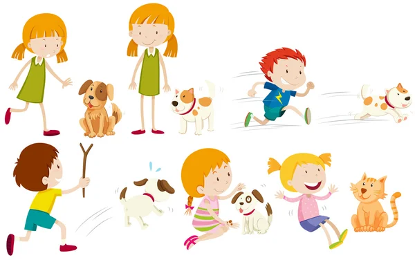 Girl and boy playing with dog — Stock Vector