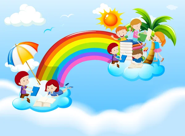 Niños leyendo libros sobre el arco iris — Vector de stock
