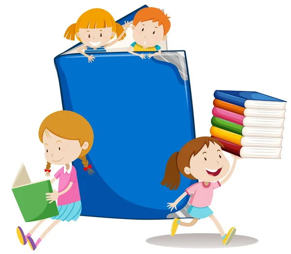 Niños y niñas con libro grande — Archivo Imágenes Vectoriales