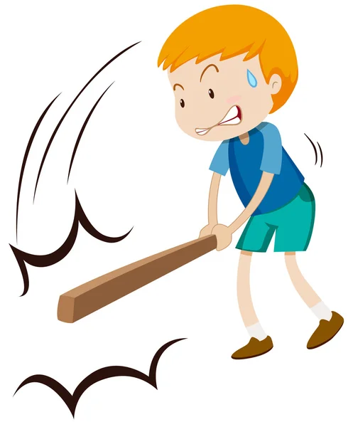 Маленький мальчик бьет что-то деревянной палкой — стоковый вектор
