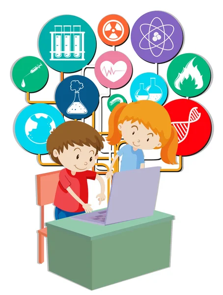 Niño y niña trabajando en la computadora — Vector de stock