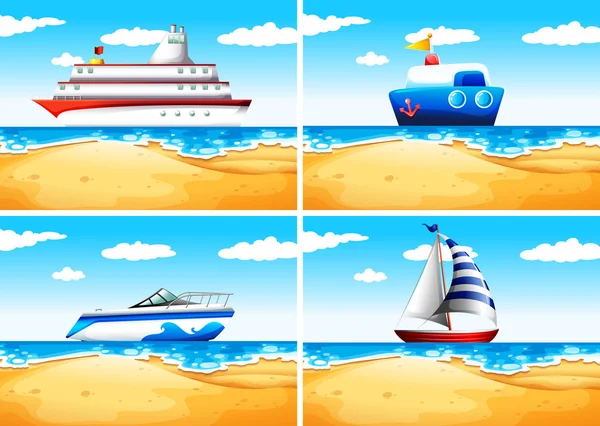 Quattro tipi di navi in mare — Vettoriale Stock