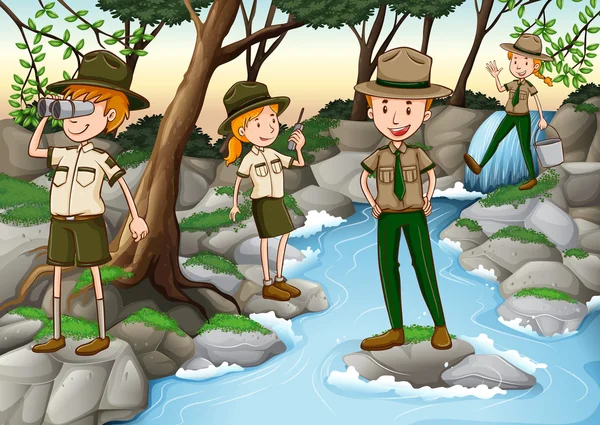 Park rangers standing at the waterfall — Stock Vector