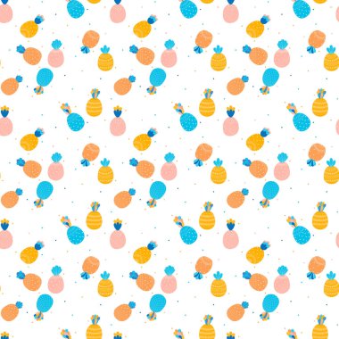 İskandinav tarzında beyaz bir arka planda parlak çok renkli ananas ve noktaların çocuksu kusursuz deseni. Bebek kıyafetleri, kumaşlar, tekstil, yaz dekorları, duvar kağıtları için. Vektör.