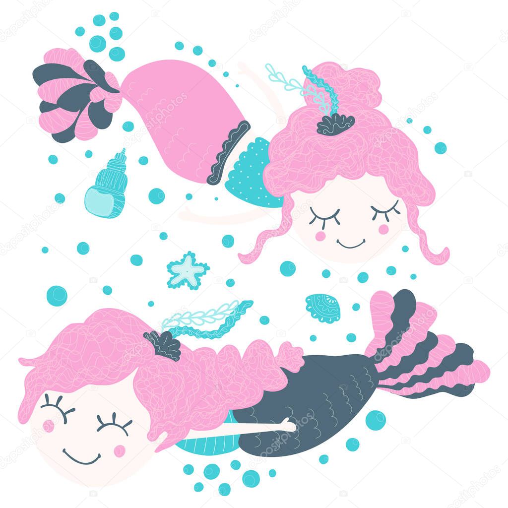 Children illustration of two cute funny girls mermaids swimming under water with shells, bubbles. Vector cartoon isolated clip art. White background. For the design of products for babies, toddlers.