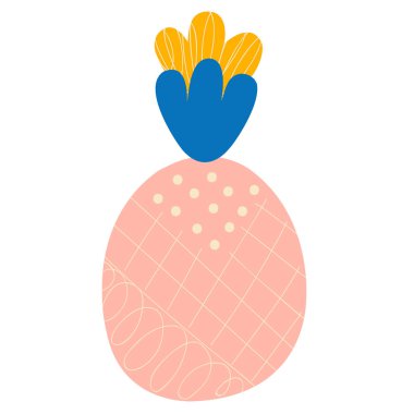 Beyaz arka planda mavi-sarı yapraklı pembe renkli soyut ananas. İzole edilmiş tropikal meyve. Menü logosu için karalama, kıyafet ve tişört baskısı, çıkartma, DIY projesi. Vektör.