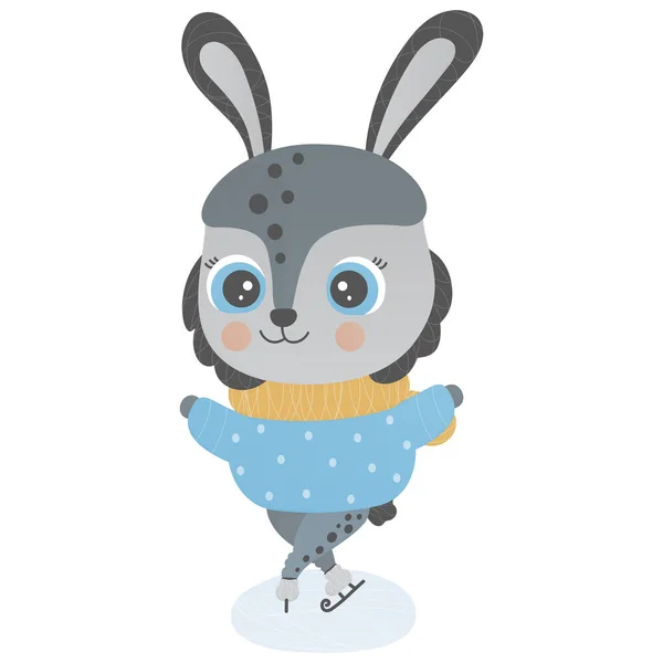 かわいいウサギが氷の上でスケートしている 白い背景にウサギ クリスマスの孤立した子供のイラスト 面白いウサギだ 保育園のデザイン ステッカー 服のための冬の漫画のキャラクター ベクトル — ストックベクタ