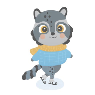 Küçük sevimli bir rakun buzda kayıyor. Beyaz arka plan. Mutlu yıllar ve mutlu noeller izole edilmiş bebek çizimi. Baskı için çizgi film karakteri, bebek tasarımı, çıkartma, bebek kıyafetleri. Vektör.