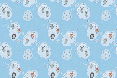 Tatlı kış çocukları ormanda buzda kayan hayvanların pürüzsüz kalıpları. Çizgi film tilkisi, sincap, ayı, rakun, geyik, kirpi ve tavşan. Vektör.