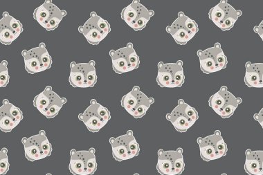 Koyu kahverengi arka plandaki çıkartmalar gibi beyaz çizgili, parlak yanaklı, karikatürlü sevimli oyuncak ayı yüzlerinin kusursuz şekli. Kumaş, çocuk odası duvar kâğıdı, baskı için. Kawaii karakterleri. Vektör.