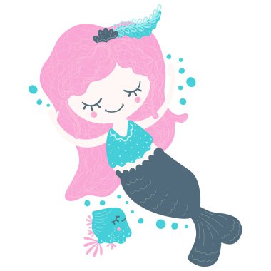 Kolları havada süzülen hayalperest küçük denizkızı beyaz bir arka planda İskandinav tarzında baloncuklar ve balıklar. Poster, bebek tasarımı, çıkartma, baskı, kart. Vektör.