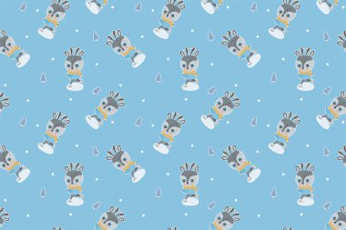 Çocuğun kusursuz çizgi film karakterleri buzda kayak yapan geyikler ve mavi arka planda beyaz çizgileri olan Noel ağaçları. Çocuksu dijital kağıt. Vektör.