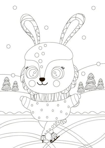 黒と白の可愛いウサギが森の中の氷の上でスケートしています 冬の彩色ページA4 幼児のための概要イラスト アイススケートリンク ウサギのキャラクターを輪郭 かなりのシェアだ ベクトル — ストックベクタ