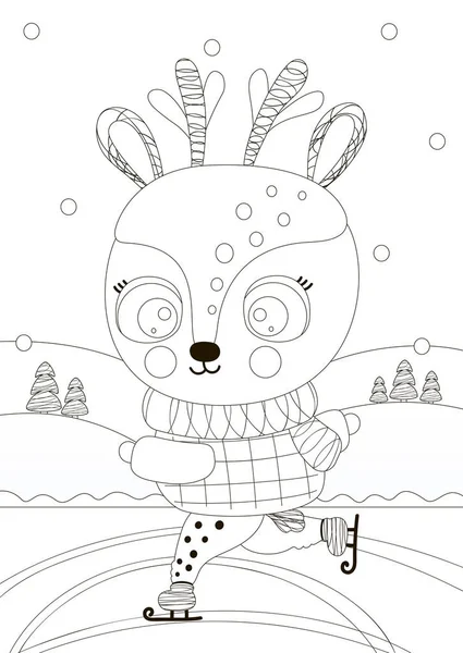 Coloring Page Outline Cute Black White Deer Rolling Ice Skating Stock Vector