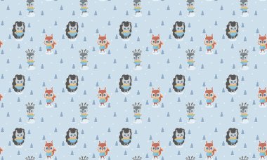 Şirin kirpilerin, sincapların ve geyiklerin buz üstünde süveter ve eşarplarla kayışının kusursuz kış şablonu açık mavi arka planda beyaz çizgili Noel ağaçları ve daireler. Vektör.