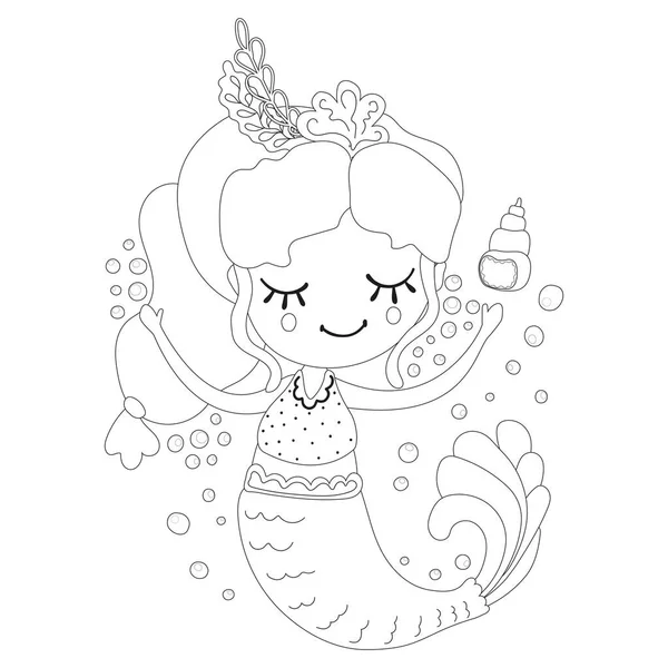 Black White Magical Lovely Little Mermaid Girl Jumping Merrily Seashells — Stock Vector