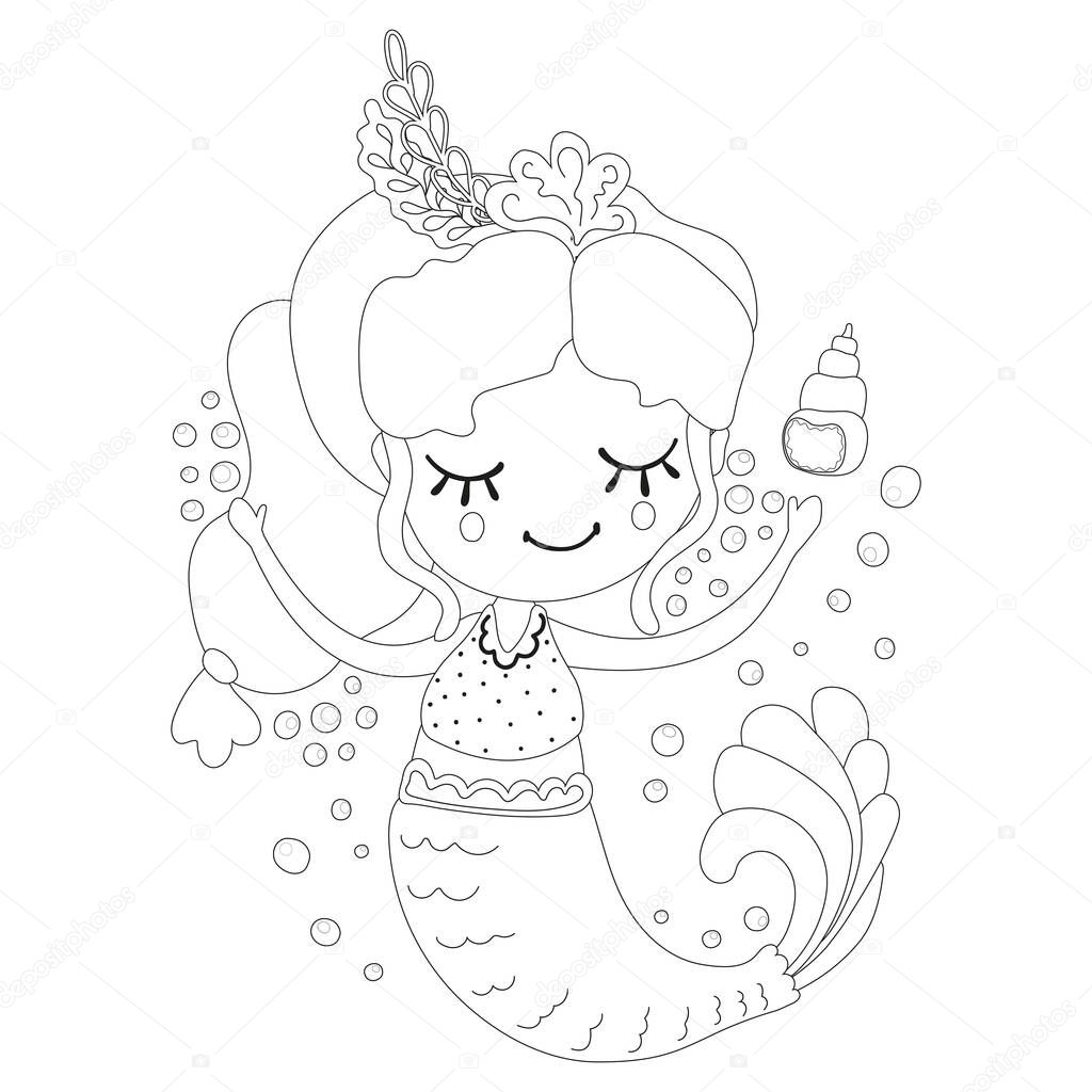 Black and white magical lovely little mermaid girl jumping merrily with seashells and bubble bursts. Outline childrens illustration in Scandinavian style. Logo, print, coloring page. Vector.