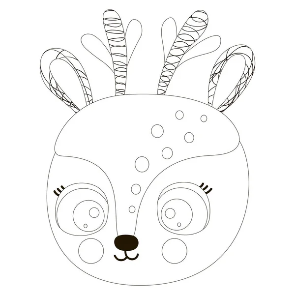 漫画のかわいい黒と白のアントラー 大きな目と頬を持つ孤立した笑顔の小さな鹿の顔 ページ ステッカー 子供のデザイン マスクの着色のためのファンコンターマズル ベクトル — ストックベクタ