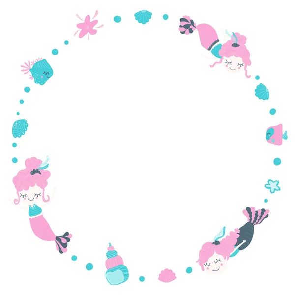 Cute Frame Amazing Lovely Girls Mermaids Bubbles Seashells Fishes Starfish Stock Illustration