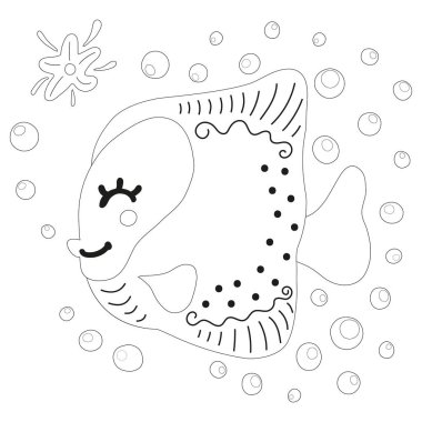 Kabarcıklı Zebrasoma balığının izole edilmiş siyah beyaz çizimi. Boyama kitabı ve sayfa için, bebek kıyafetleri, tekstil, çocuk odası tasarımı, bebek partisi, çıkartma. Vektör.