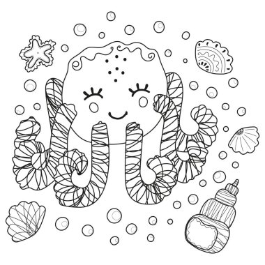 Gülen ahtapot, deniz kabuğu, deniz yıldızı ve baloncukların izole edilmiş siyah beyaz çizimi. Renklendirme sayfası için tek renkli tasarım, bebek ürünleri, çocuk odası, çıkartma, DIY projeleri. Vektör.