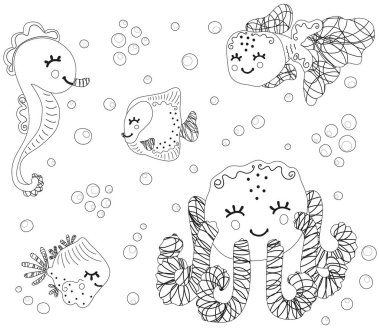 Cute black and white vector set for children of cartoon funny marine inhabitants. Monochrome isolated smiling octopus, seahorse, floating fish with bubbles. Baby`s clip art for coloring book or page.