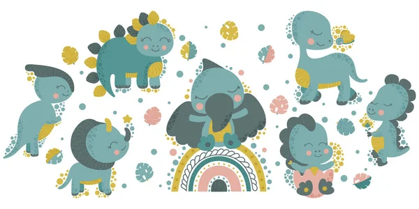 Bir dizi neşeli kawaii dinozorları ve beyaz arka planda canavar yaprakları. Çocuklar ve yeni yürümeye başlayanlar için klipsli sanat. Çocuk odası dekorasyonu için, kıyafetlere, kartpostallara, posterlere baskı yap. Vektör.