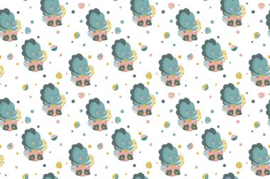 Beyaz arka planda yumurtadan çıkan küçük, mutlu dinozorların kusursuz çizgi film deseni. Bebek tyrannosauruslar bebek duvar kağıdı, bebek modası ve tekstil, ambalaj kağıdı.