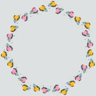 Sevimli uçan kelebeklerin yuvarlak çerçevesi ve gri arka planda kalp karalamaları. Pankart için, bebek odası posteri, kapak, yazı için şablon. Vektör.