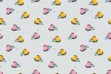 Sevimli uçan kelebeklerin kusursuz desenleri ve gri arka planda kalp karalamaları. Kız kıyafetleri, ambalaj kağıtları, çocuk odası duvar kağıtları için. Vektör.