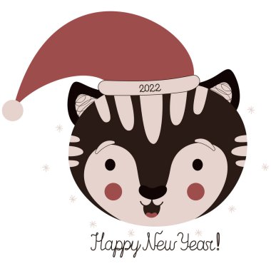 İskandinav tarzında Noel Baba şapkası takan sevimli, mutlu, siyah bir kaplan yüzü ve beyaz bir arka planda 