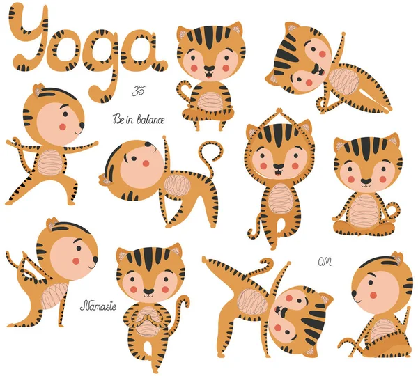 Set Cute Stylish Cartoon Smiling Tigers Various Yoga Asanas White — Stock Vector
