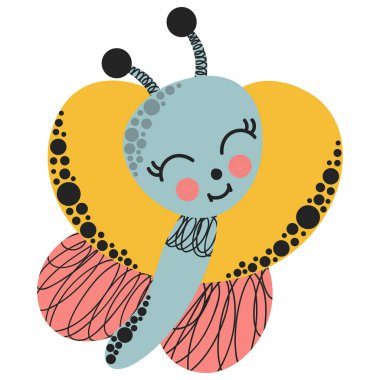 Beyaz arka planda çok renkli sevimli bir çizgi film karakteri kelebeği. Güzel, izole yaz böceği. Vektör.