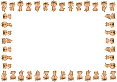 Dikdörtgen olarak izole edilmiş A4 çerçevesi beyaz bir arka planda çeşitli yoga asanalarında gülümseyen kaplan çizgi filmlerinin metinlerini barındırıyor. Çocuk dekorasyonu, davetiye, poster, grafik tasarım. Vektör.